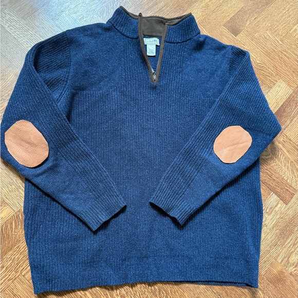 LL BEAN Waterfowl Sweater Quarter Zip Elbow Patches Merino Lambswool Preppy XLT